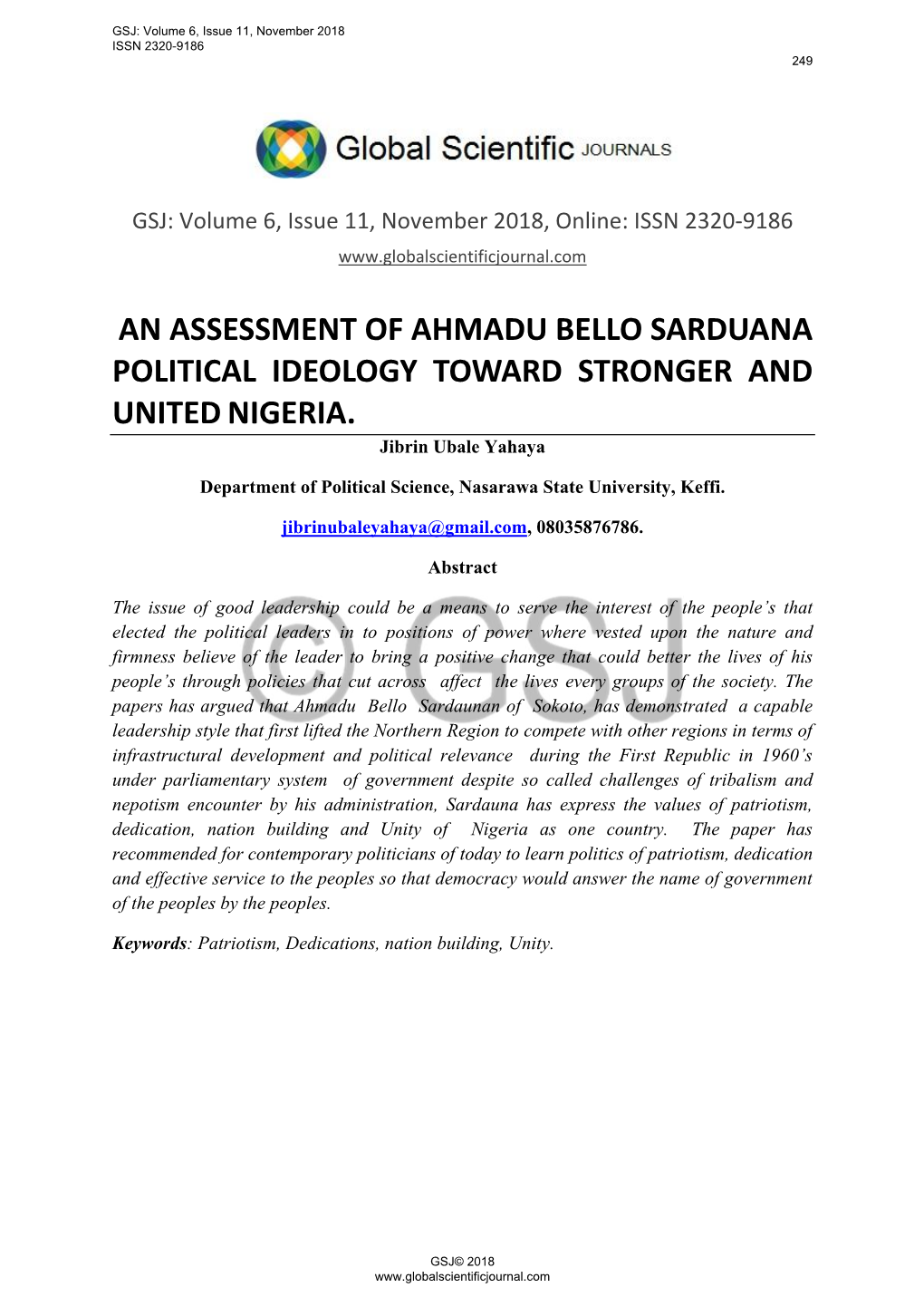 An Assessment of Ahmadu Bello Sarduana Political Ideology Toward Stronger and United Nigeria