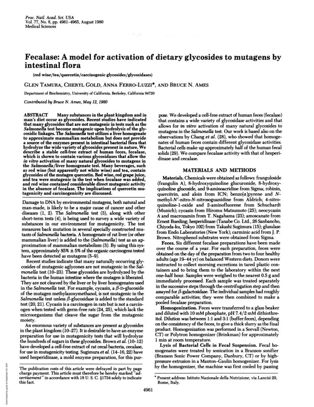 Fecalase: a Model for Activation of Dietary Glycosides to Mutagens By