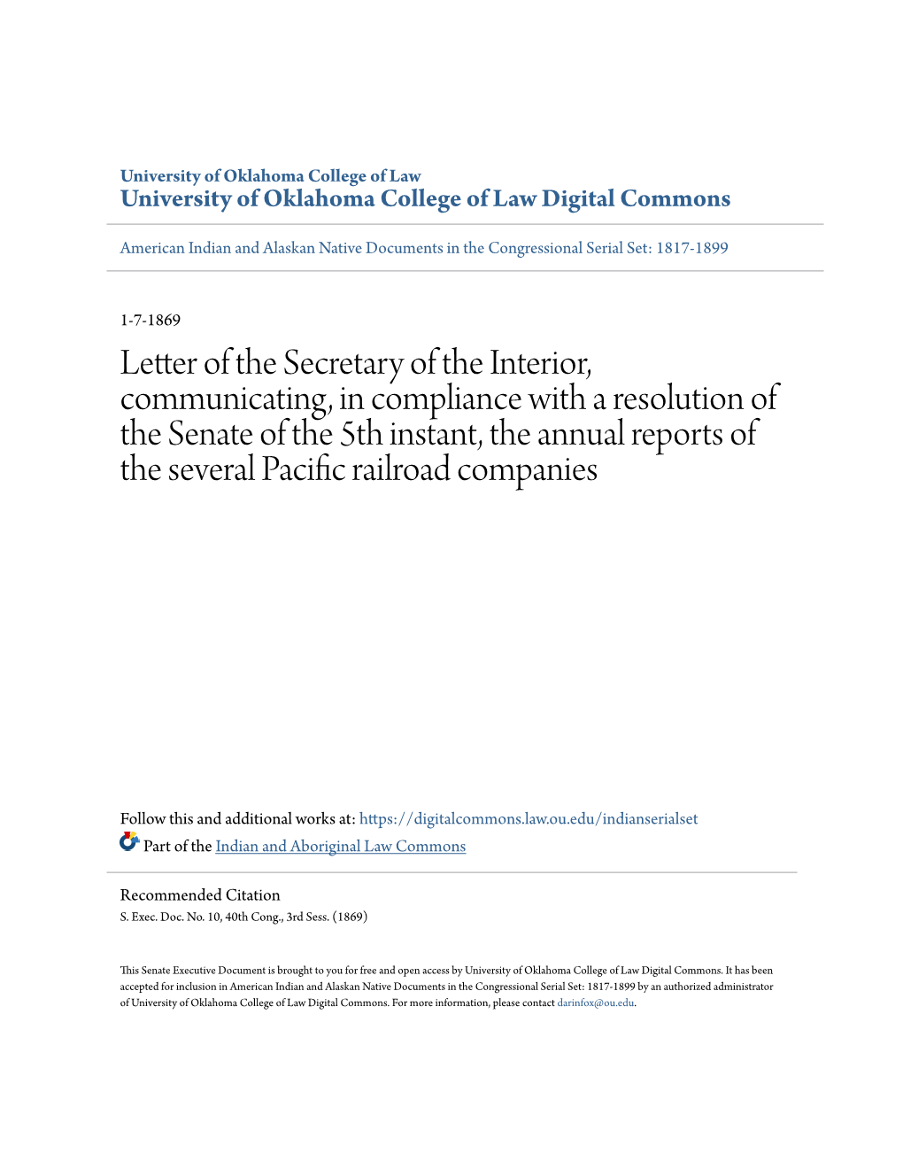 Letter of the Secretary of the Interior, Communicating, in Compliance with a Resolution of the Senate of the 5Th Instant, the An