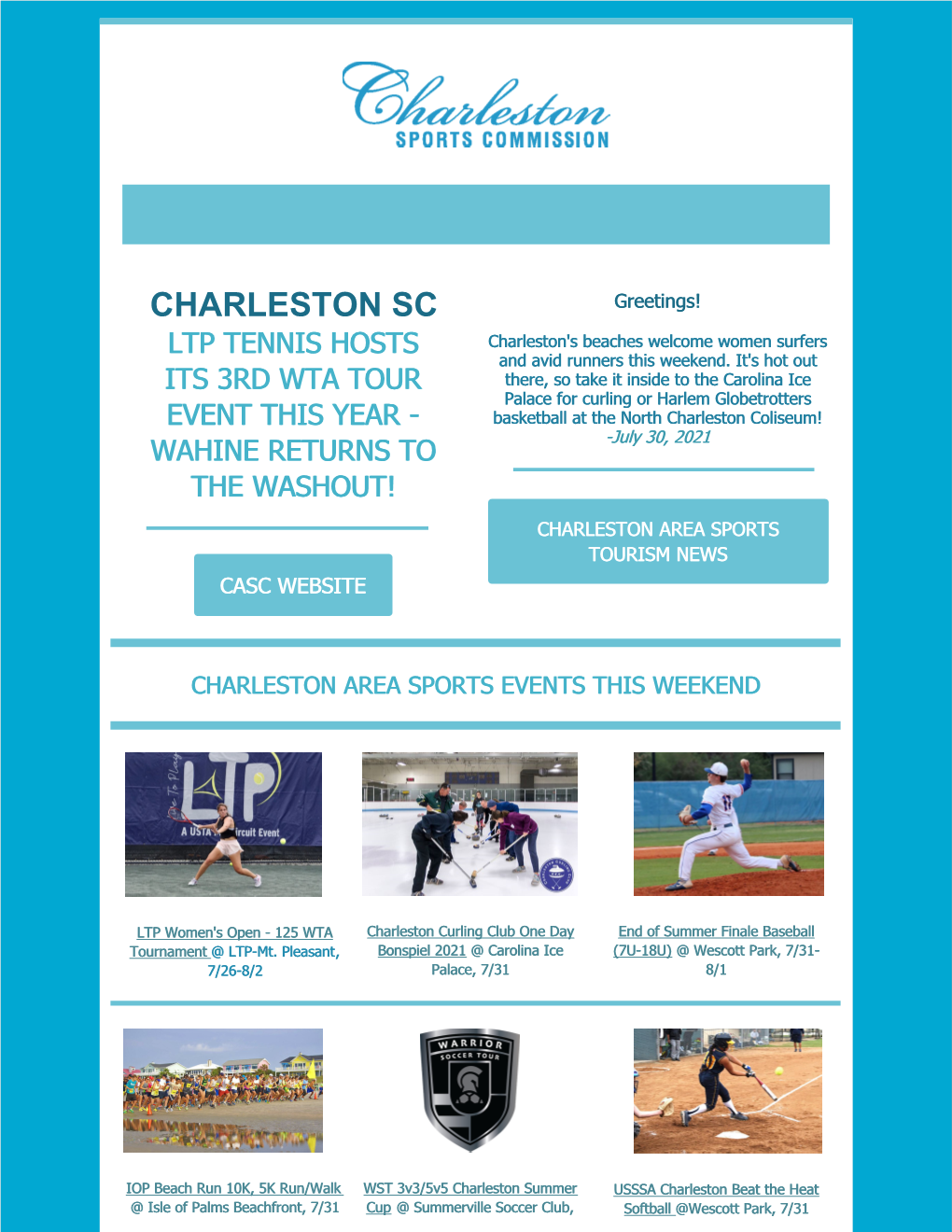 CHARLESTON SC Greetings! LTP TENNIS HOSTS Charleston's Beaches Welcome Women Surfers and Avid Runners This Weekend