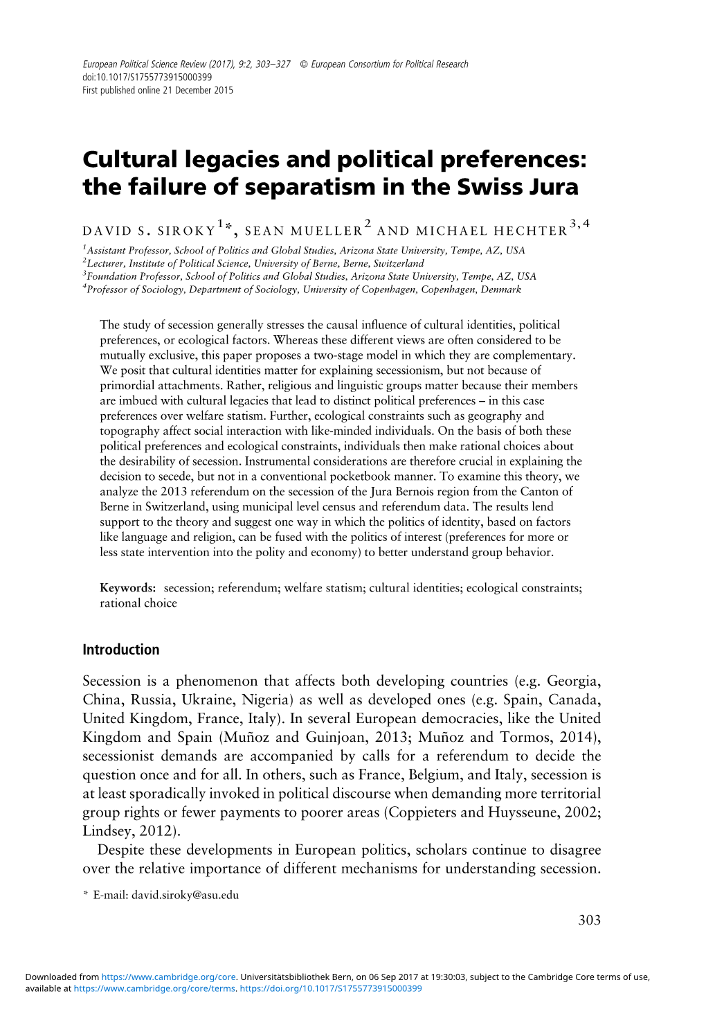 Cultural Legacies and Political Preferences: the Failure of Separatism in the Swiss Jura