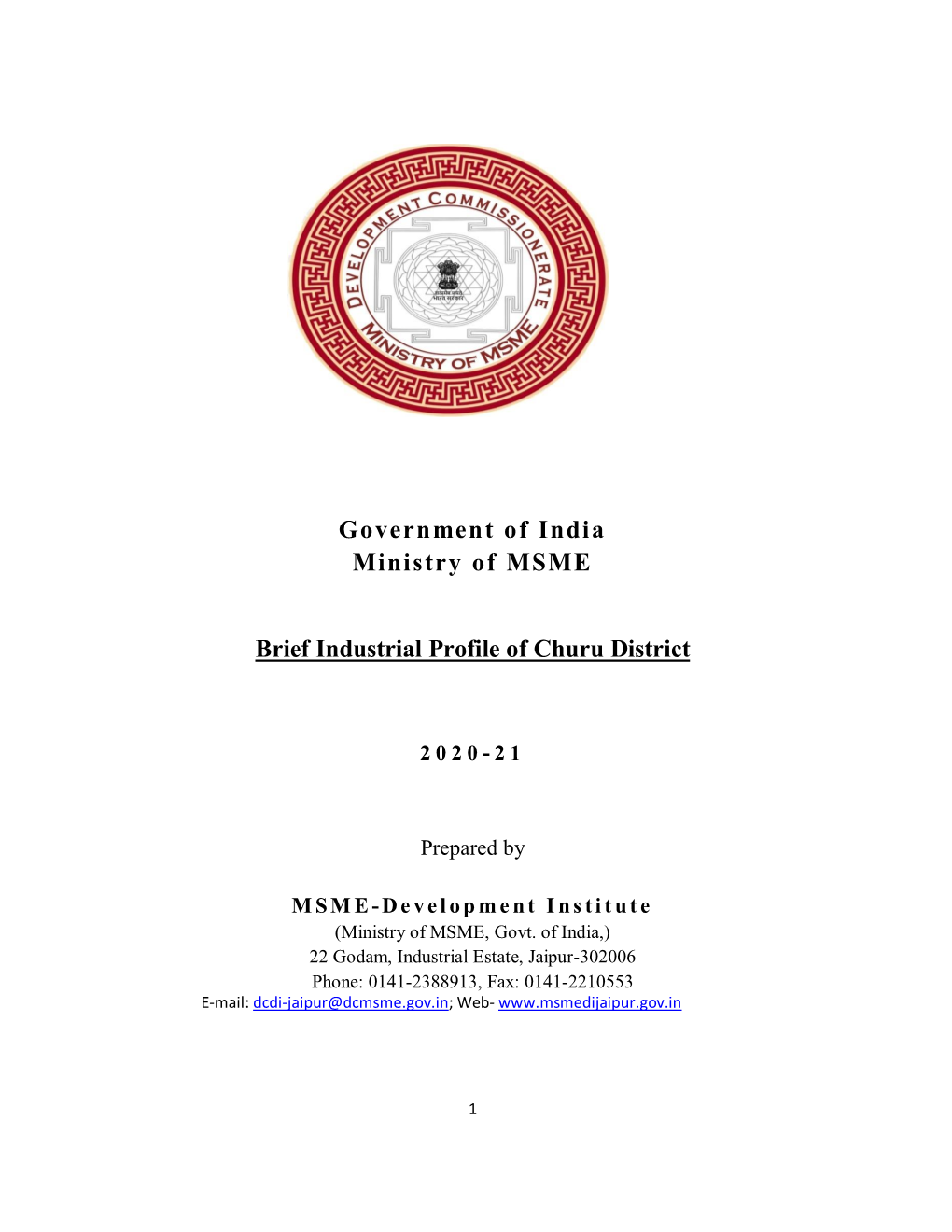 Government of India Ministry of MSME Brief Industrial Profile of Churu