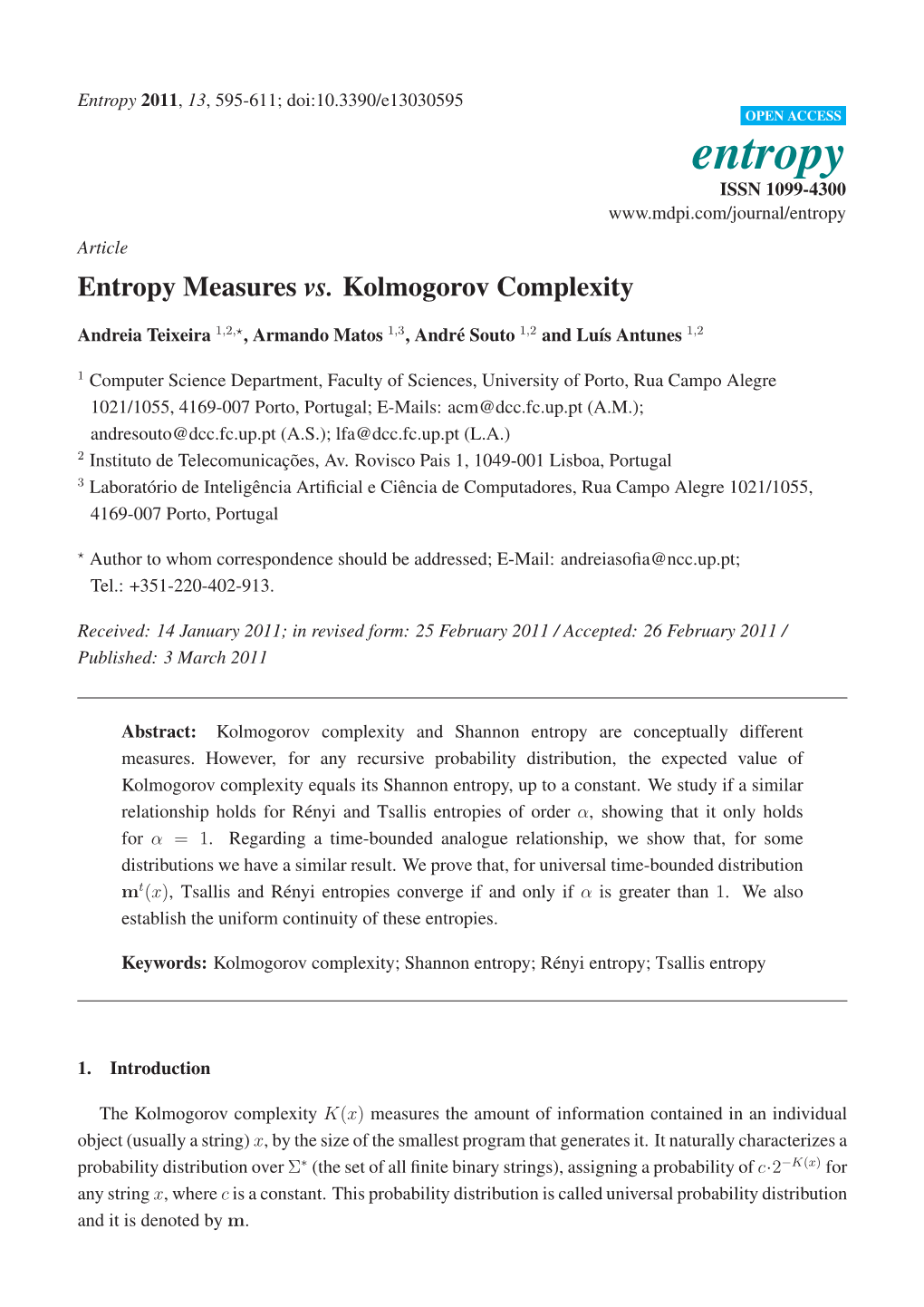 Entropy Measures Vs. Kolmogorov Complexity