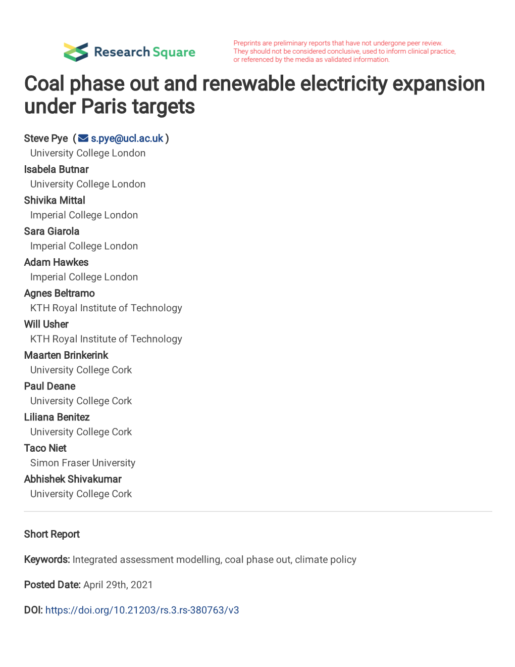 Coal Phase out and Renewable Electricity Expansion Under Paris Targets