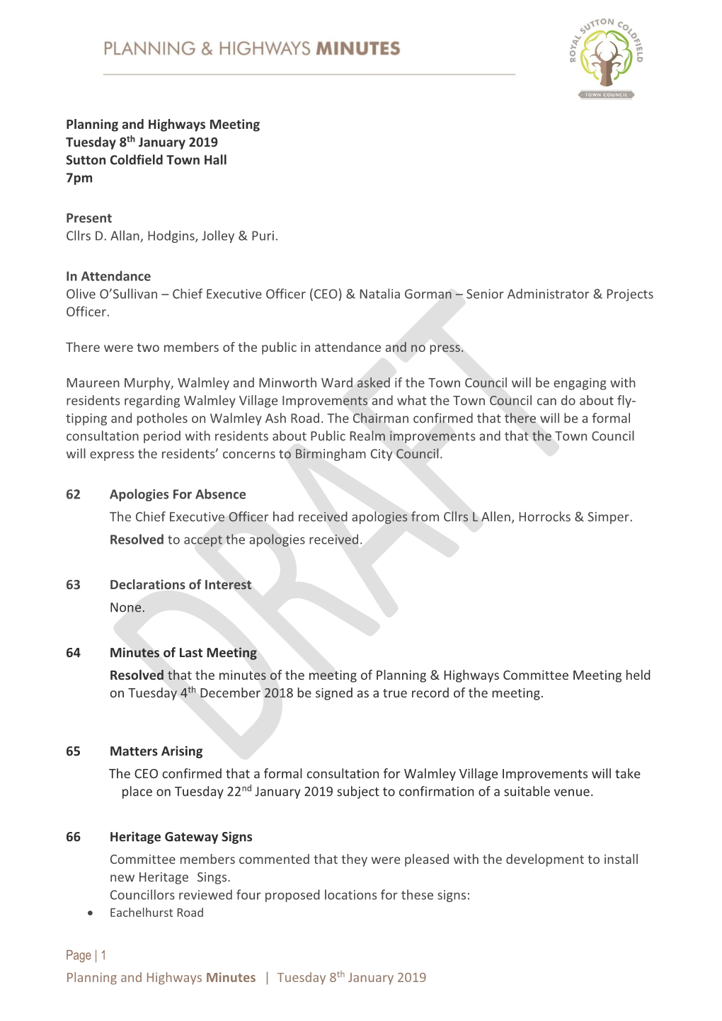 Planning and Highways Minutes | Tuesday 8Th January 2019