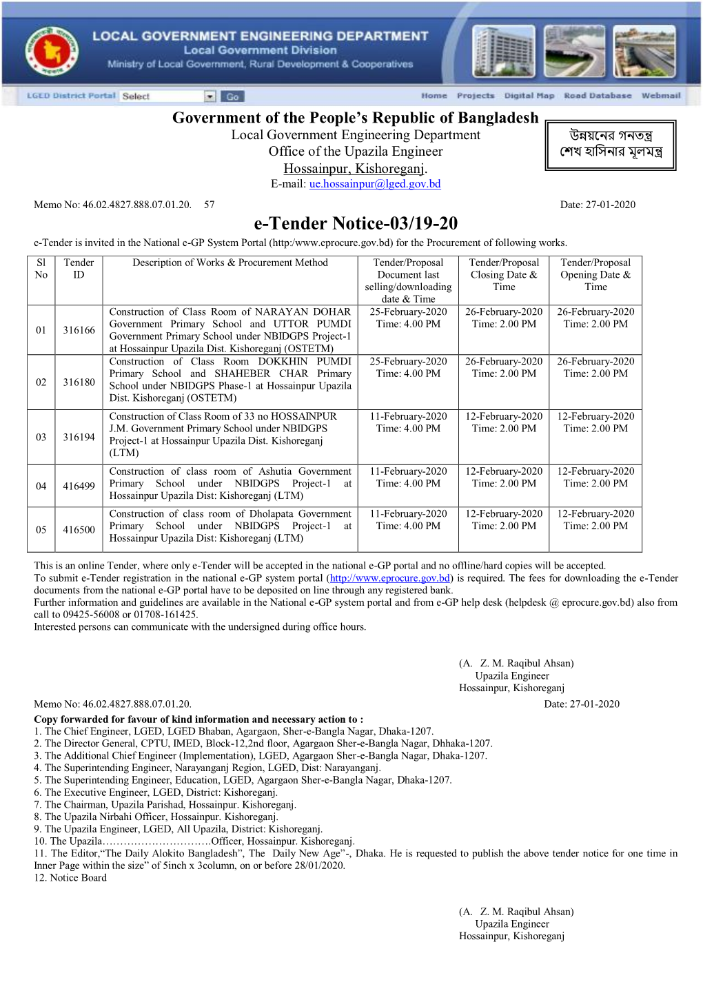 E-Tender Notice-03/19-20 E-Tender Is Invited in the National E-GP System Portal (Http:/ for the Procurement of Following Works