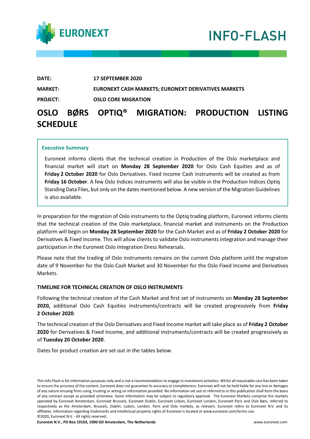 Oslo Børs Optiq® Migration: Production Listing Schedule