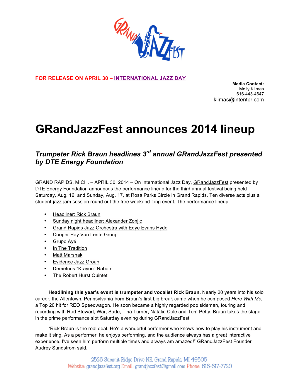 Grandjazzfest Announces 2014 Lineup