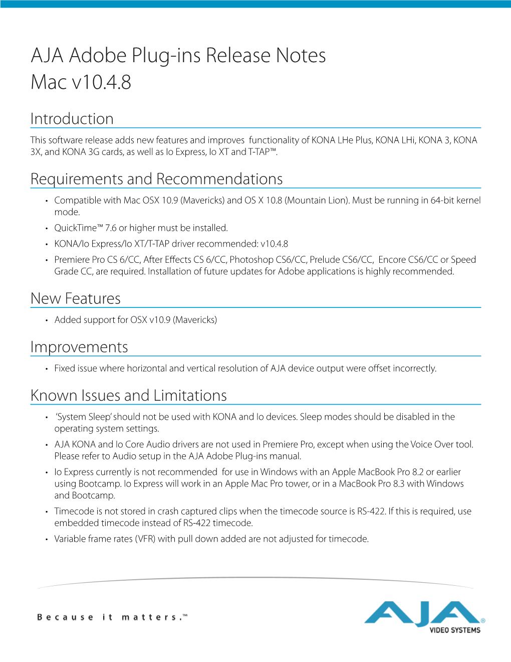 AJA Adobe Plug-Ins Release Notes Mac V10.4.8
