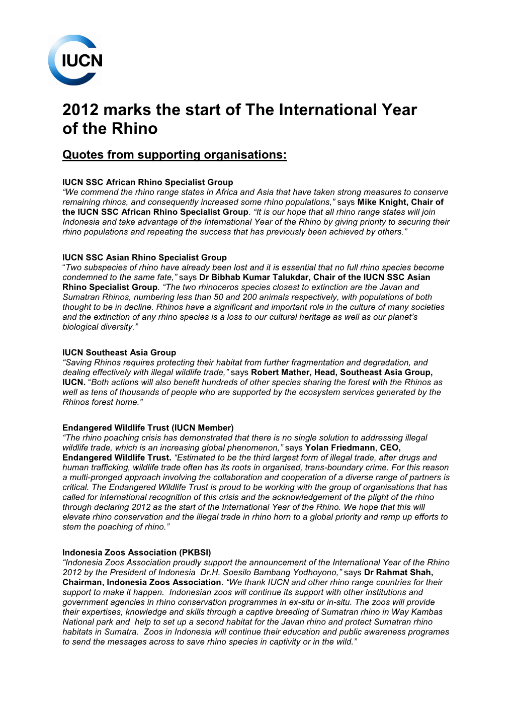 Quotes from Supporting Organizations for International Year of the Rhino