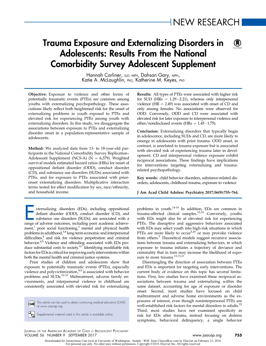 Trauma Exposure and Externalizing Disorders in Adolescents: Results from the National Comorbidity Survey Adolescent Supplement