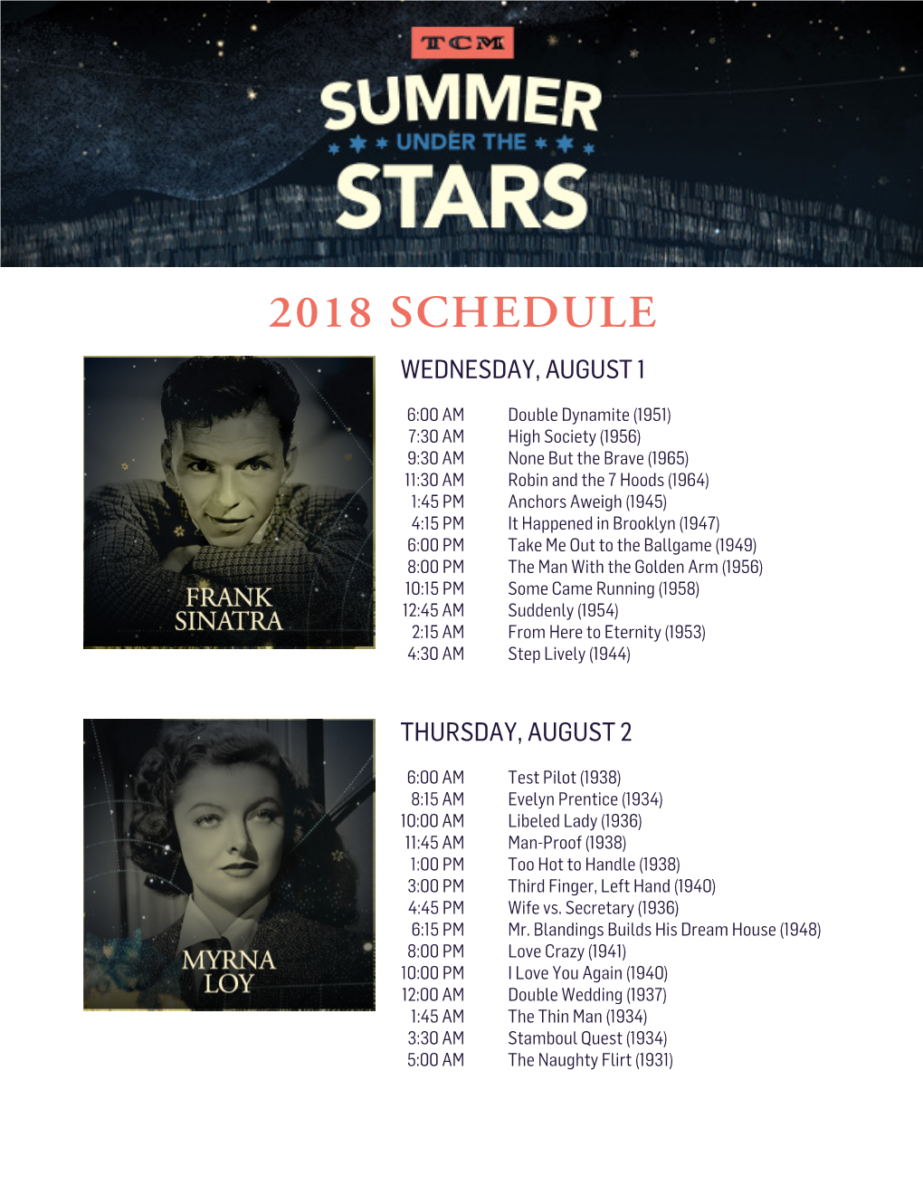 2018 Schedule Wednesday, August 1