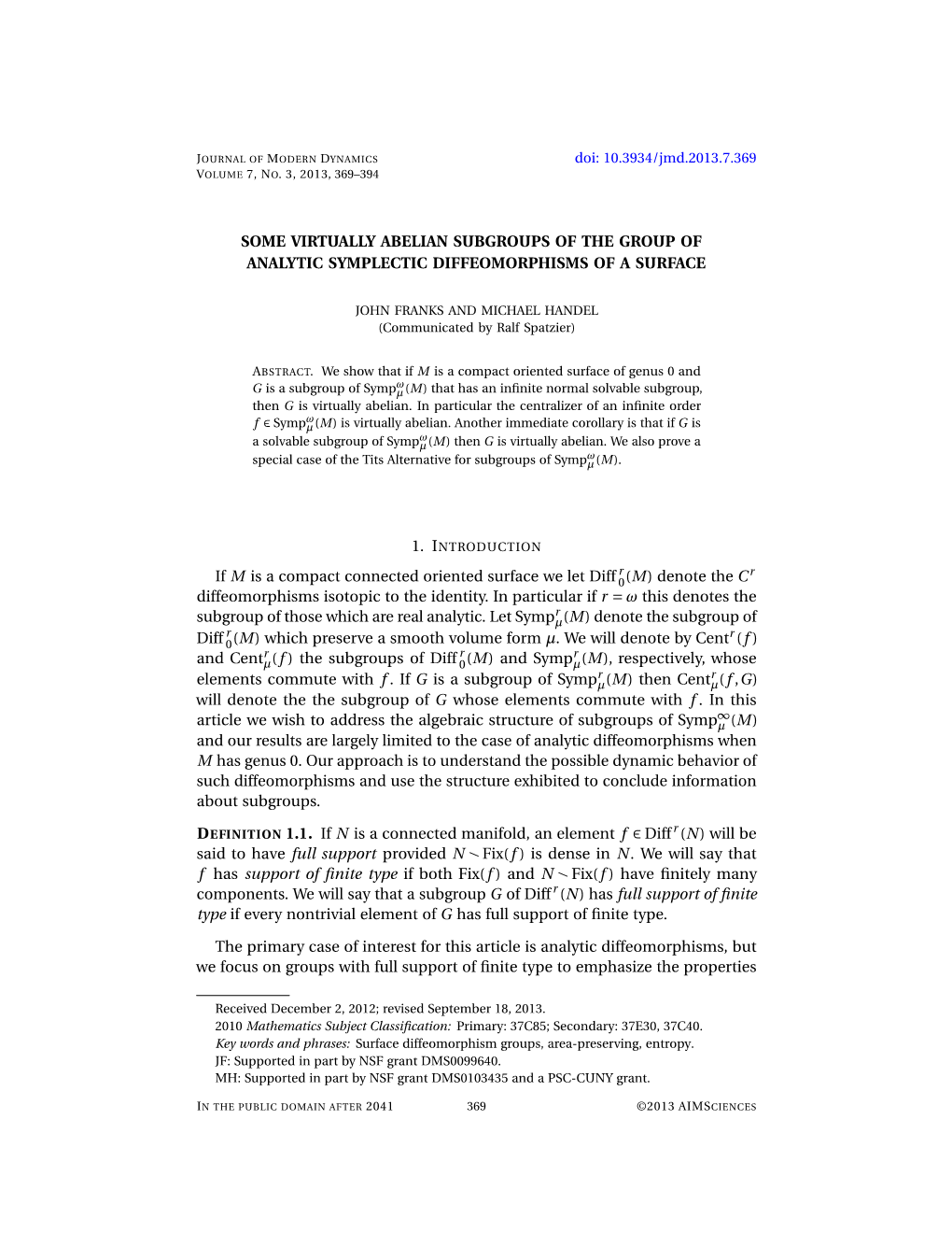 Some Virtually Abelian Subgroups of the Group of Analytic Symplectic Diffeomorphisms of a Surface