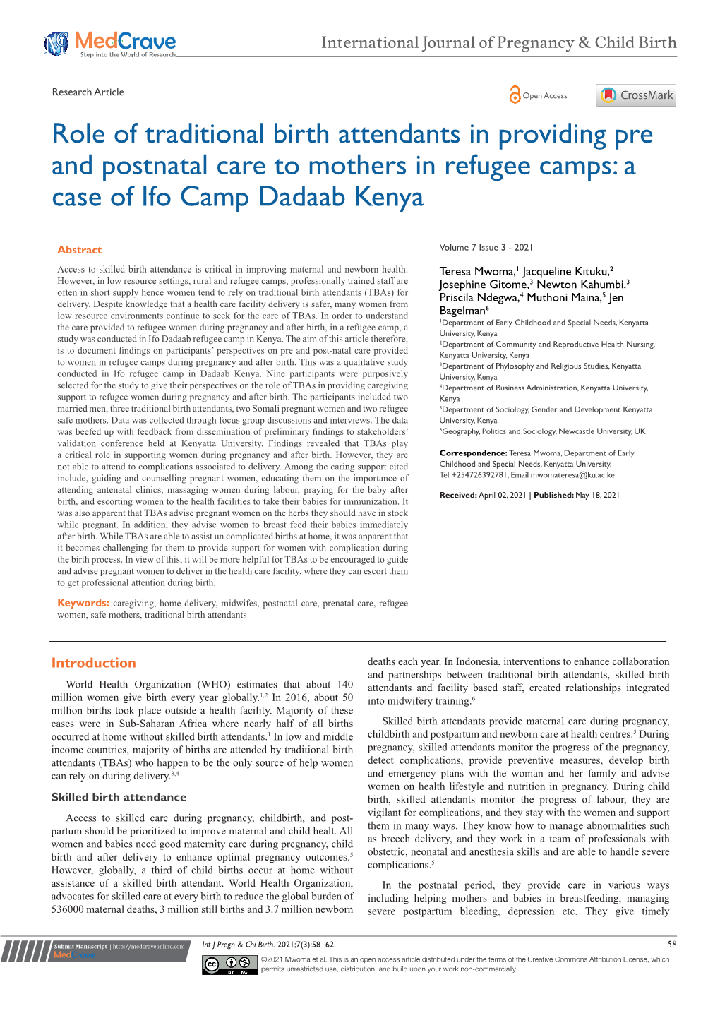 Role of Traditional Birth Attendants in Providing Pre and Postnatal Care to Mothers in Refugee Camps: a Case of Ifo Camp Dadaab Kenya