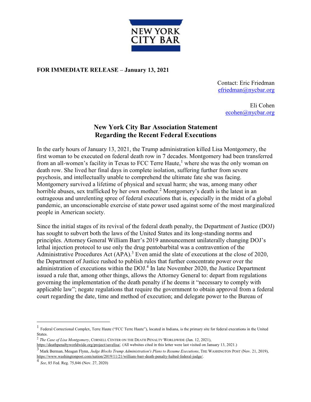 New York City Bar Association Statement Regarding the Recent Federal Executions