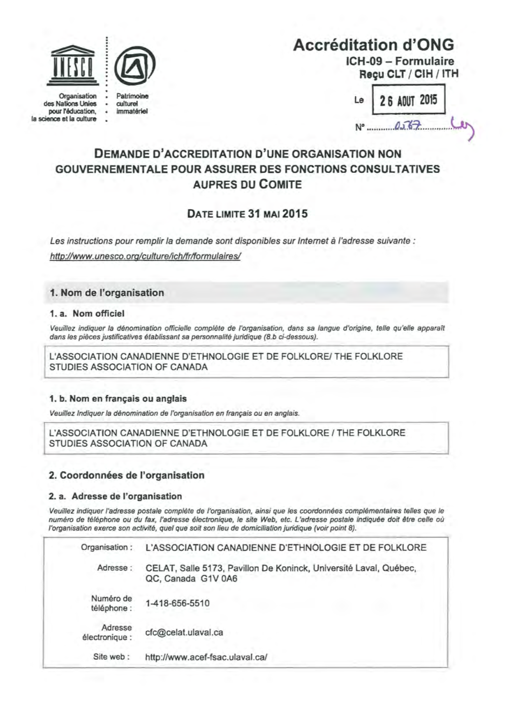 Accréditation D'ong ICH-09- Formulaire Reçu CLT 1CIH 1ITH