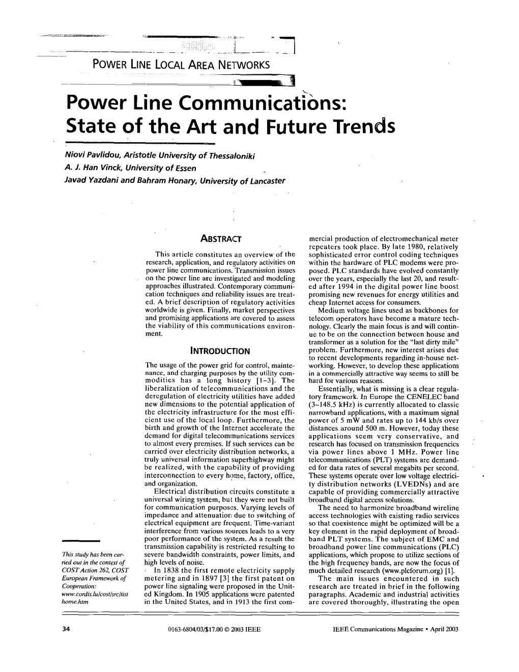 Power Line Communications: State of the Art and Future Trends