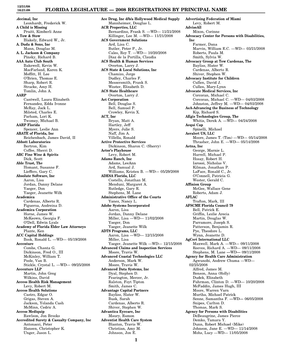 Florida Legislature — 2008 Registrations by Principal Name