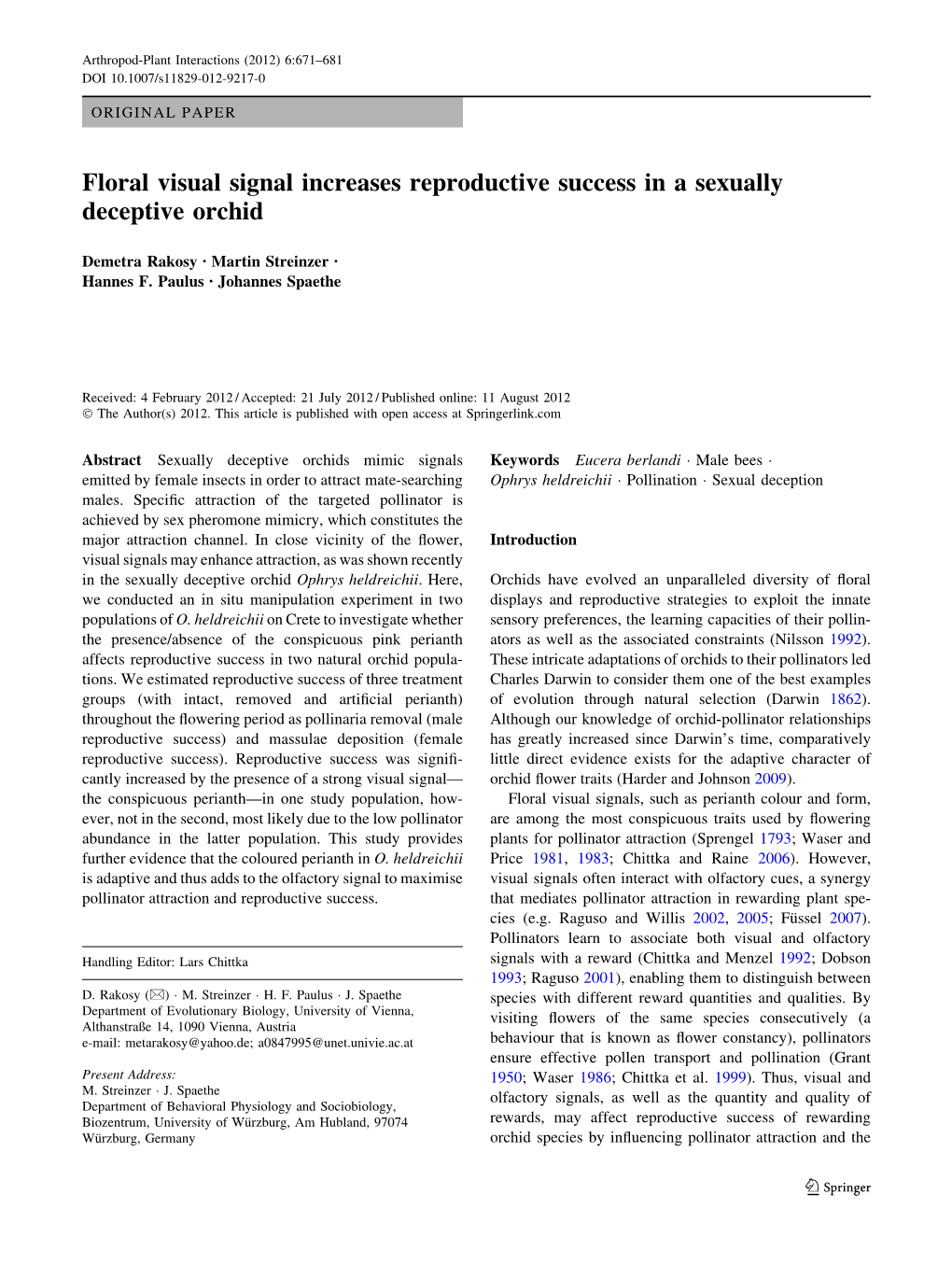 Floral Visual Signal Increases Reproductive Success in a Sexually Deceptive Orchid