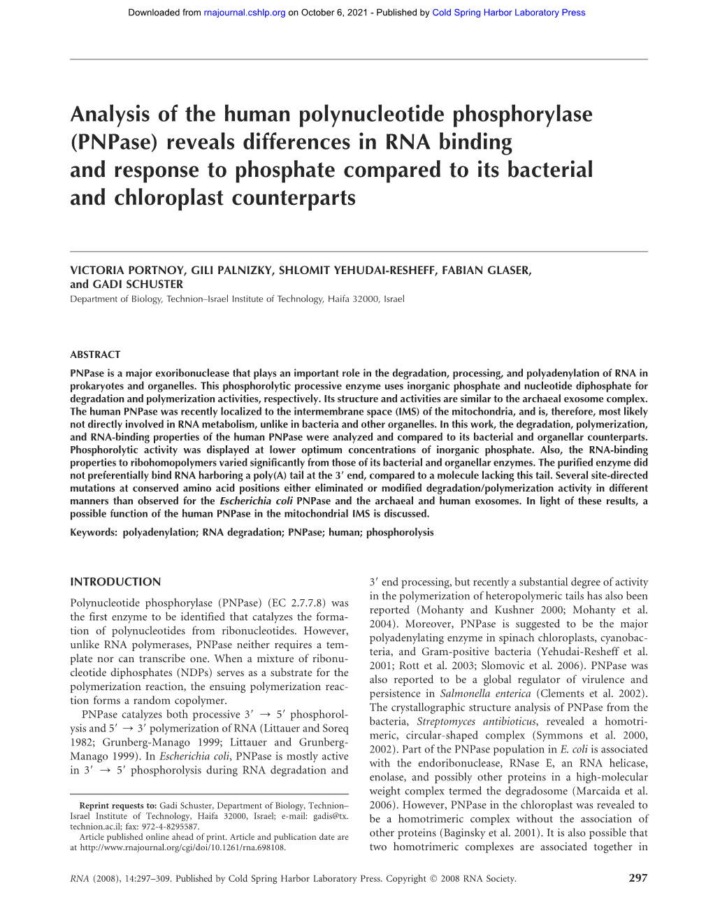 (Pnpase) Reveals Differences in RNA Binding and Response to Phosphate Compared to Its Bacterial and Chloroplast Counterparts