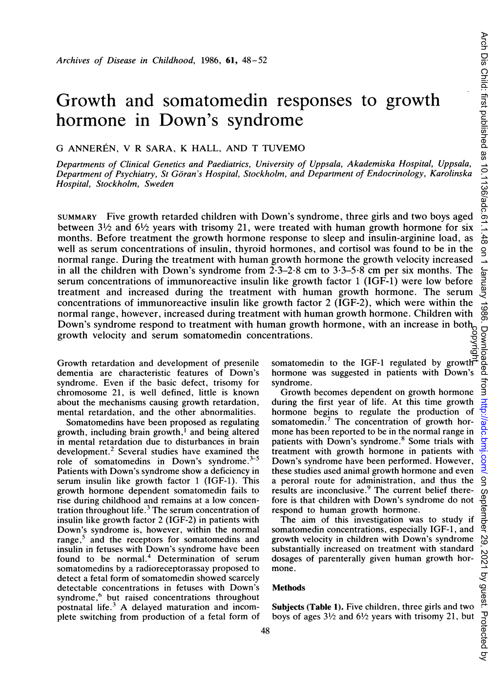 Growth and Somatomedin Responses to Growth Hormone in Down's Syndrome