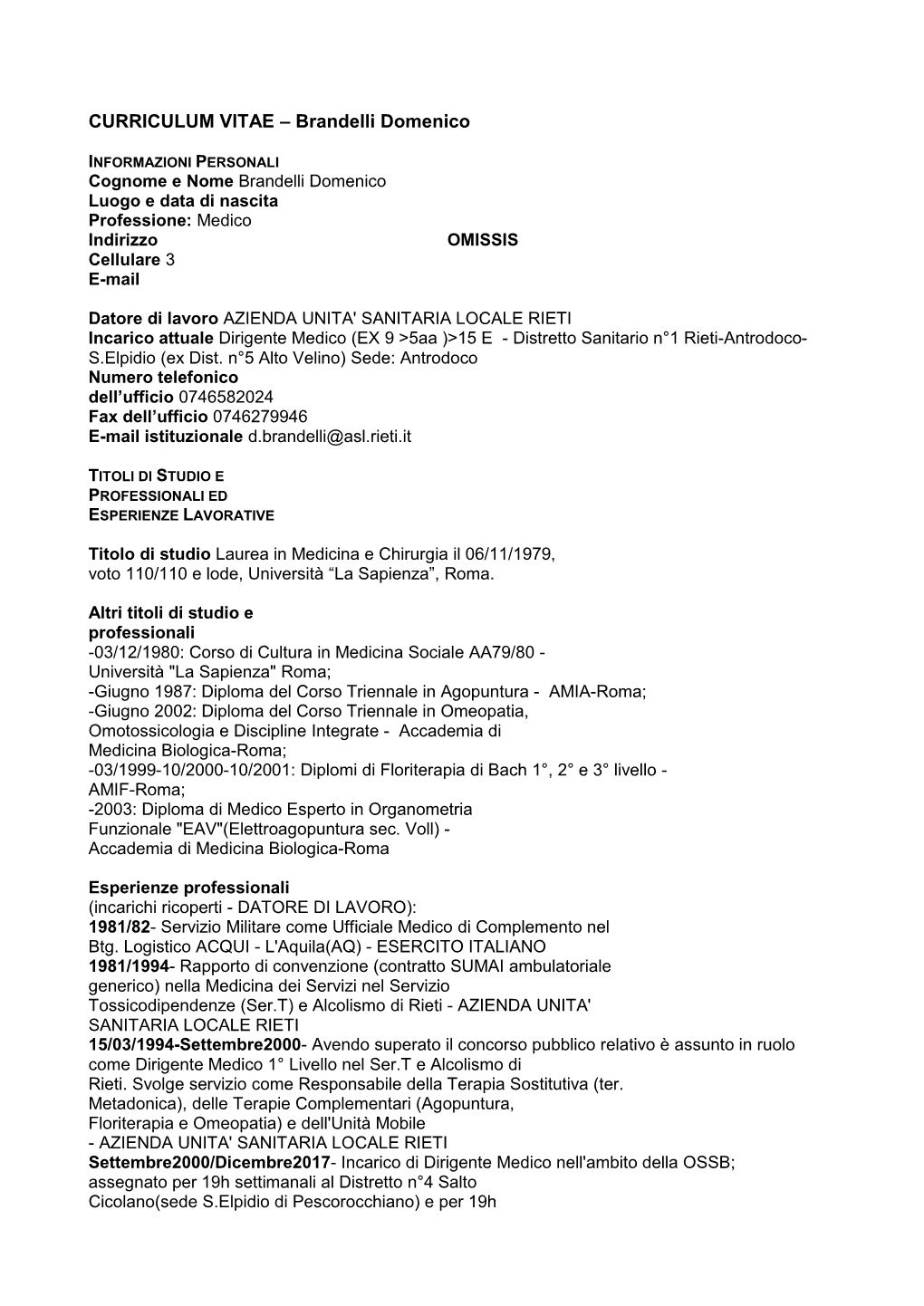 CURRICULUM VITAE – Brandelli Domenico