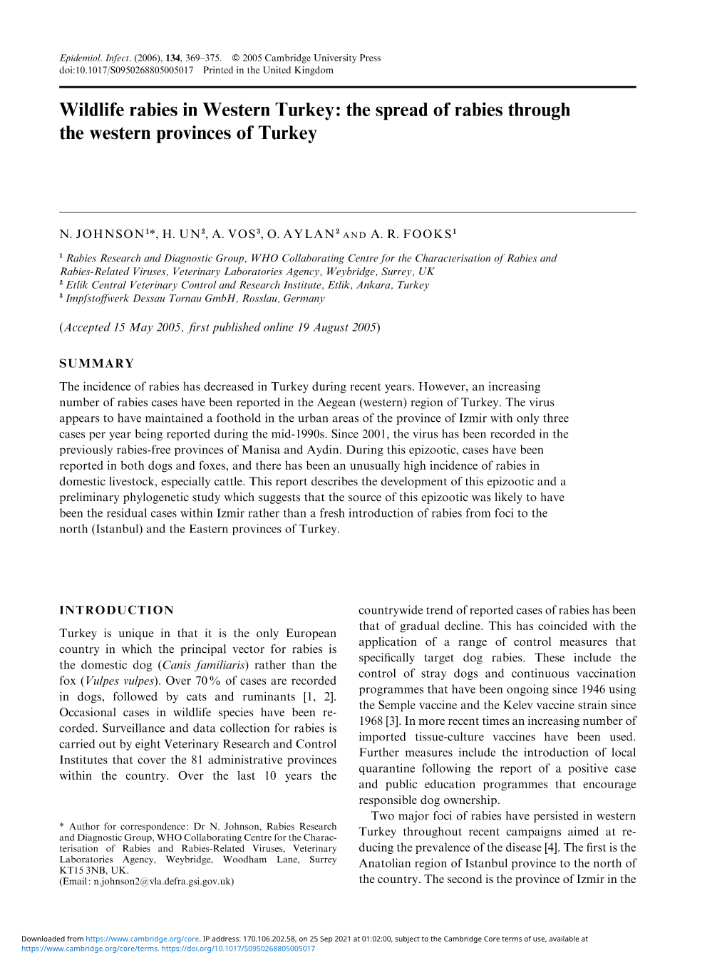 Wildlife Rabies in Western Turkey: the Spread of Rabies Through the Western Provinces of Turkey