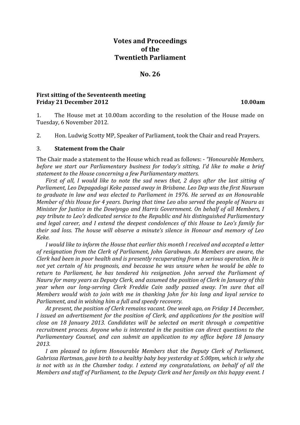 Otes and Proceedings 20Th Parliament No 26—21 December 2012