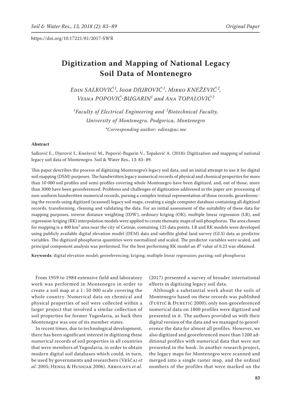 Digitization and Mapping of National Legacy Soil Data of Montenegro