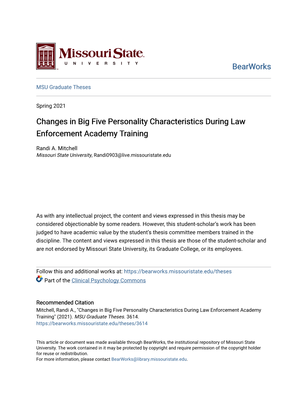 Changes in Big Five Personality Characteristics During Law Enforcement Academy Training