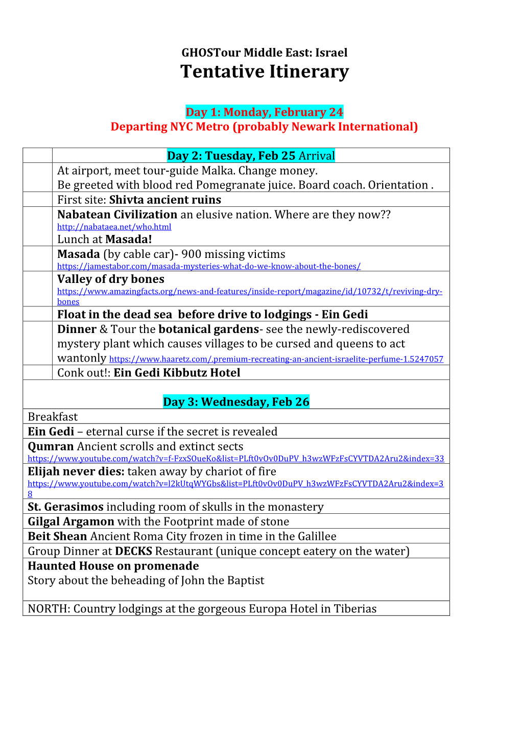 Tentative Itinerary