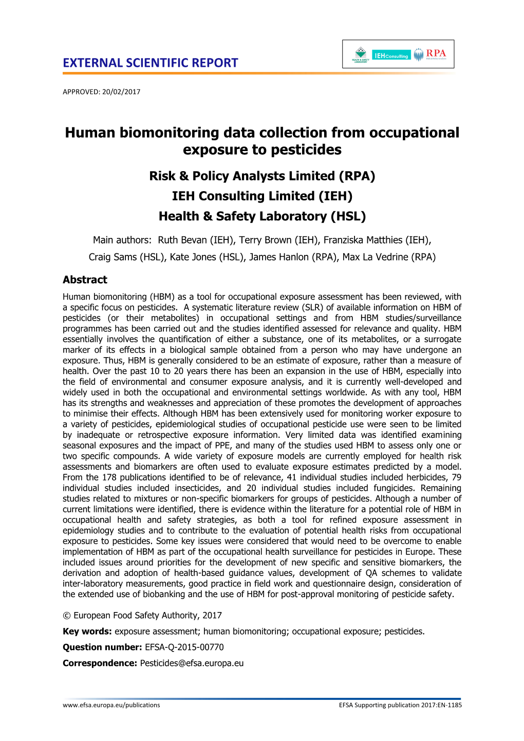 Human Biomonitoring Data Collection from Occupational Exposure to Pesticides