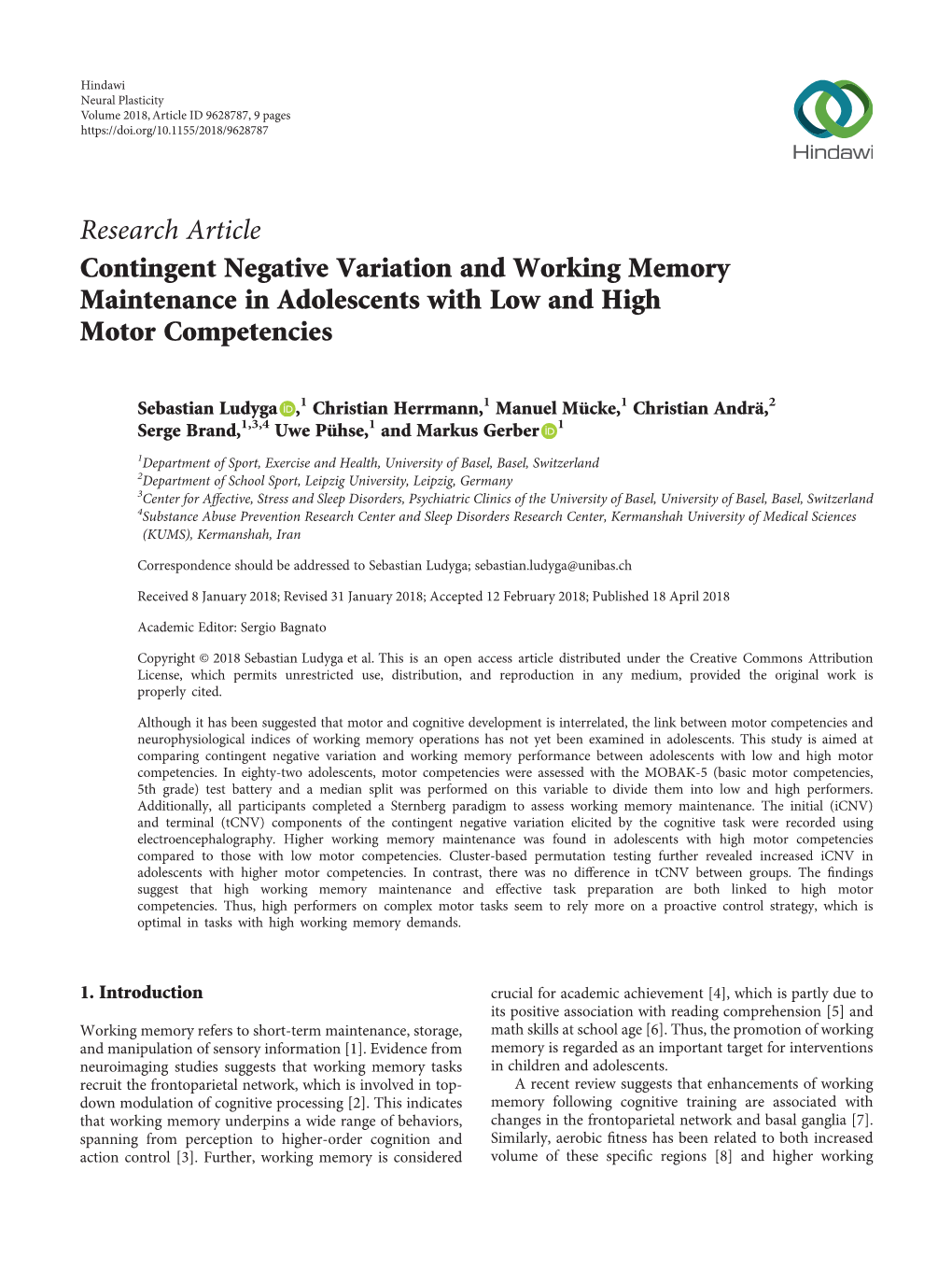 Research Article Contingent Negative Variation and Working Memory Maintenance in Adolescents with Low and High Motor Competencies