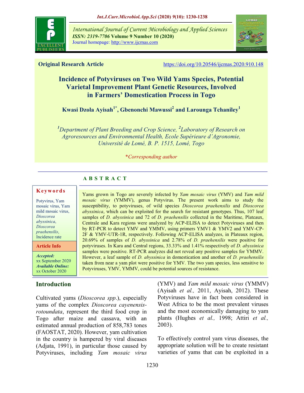 Incidence of Potyviruses on Two Wild Yams Species, Potential Varietal Improvement Plant Genetic Resources, Involved in Farmers’ Domestication Process in Togo