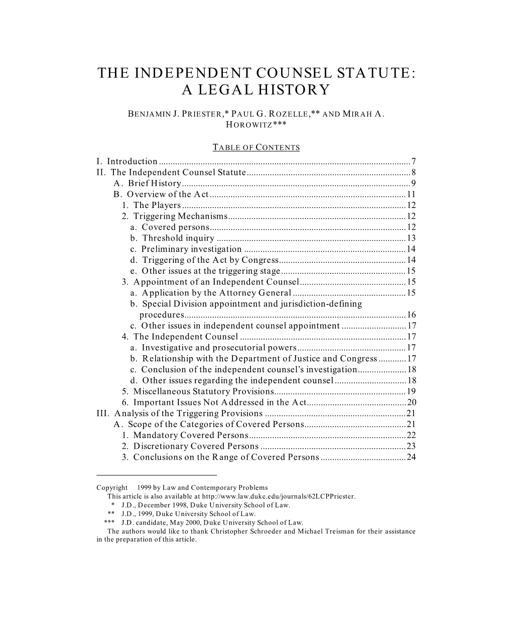 The Independent Counsel Statute: a Legal History