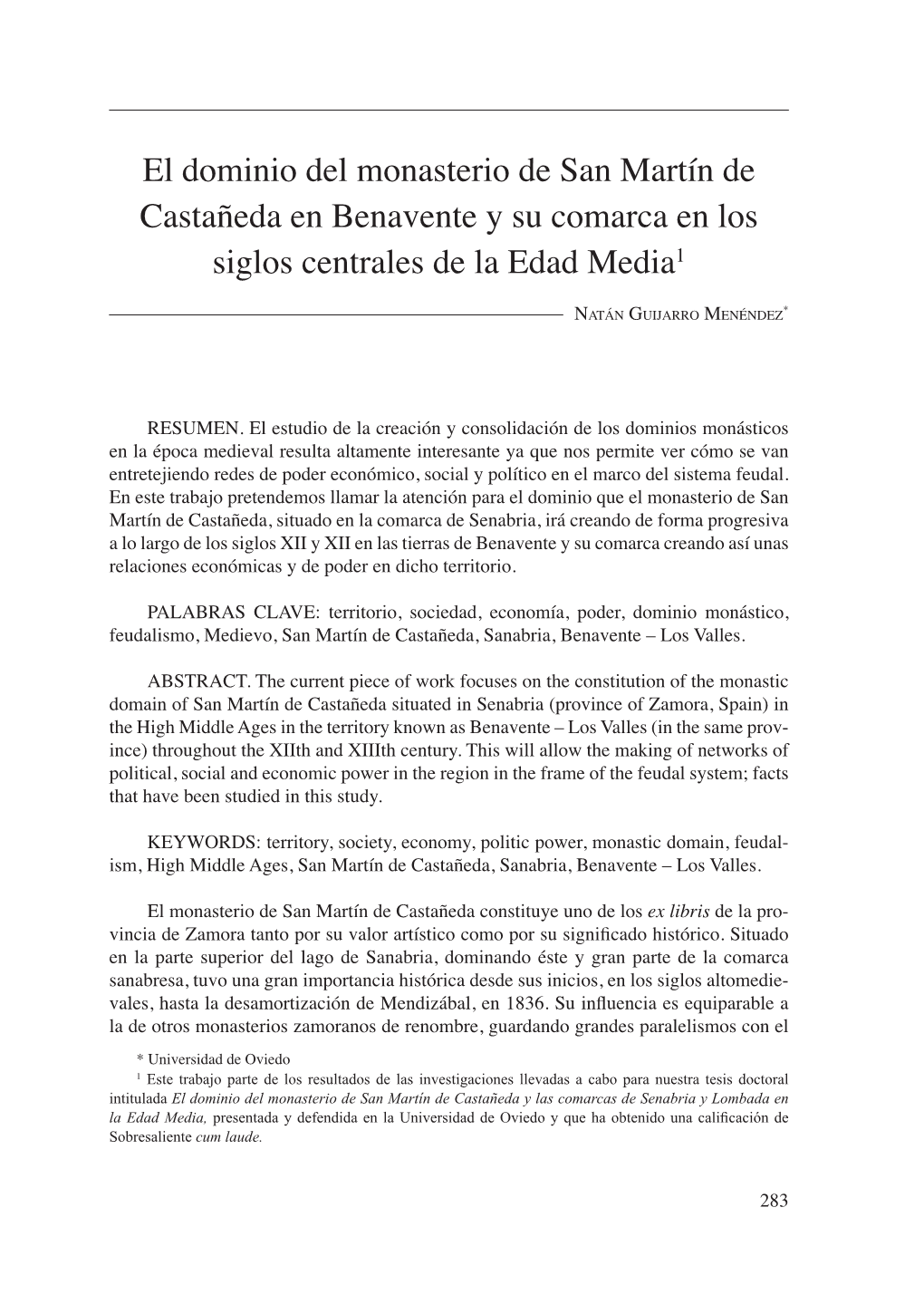 El Dominio Del Monasterio De San Martín De Castañeda En Benavente Y Su Comarca En Los Siglos Centrales De La Edad Media1