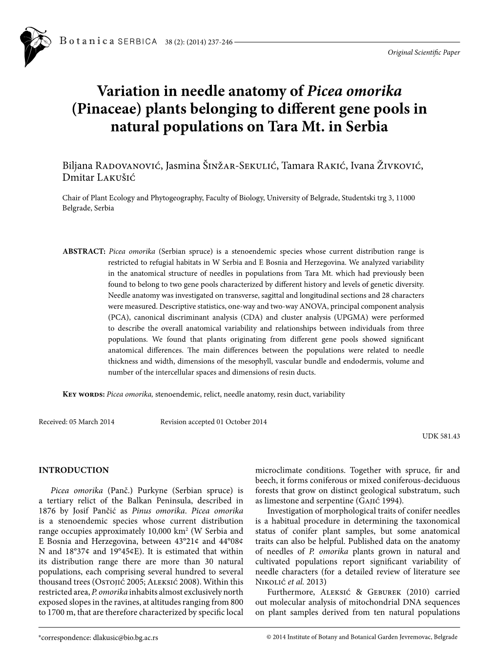 Variation in Needle Anatomy of Picea Omorika (Pinaceae) Plants Belonging to Different Gene Pools in Natural Populations on Tara Mt