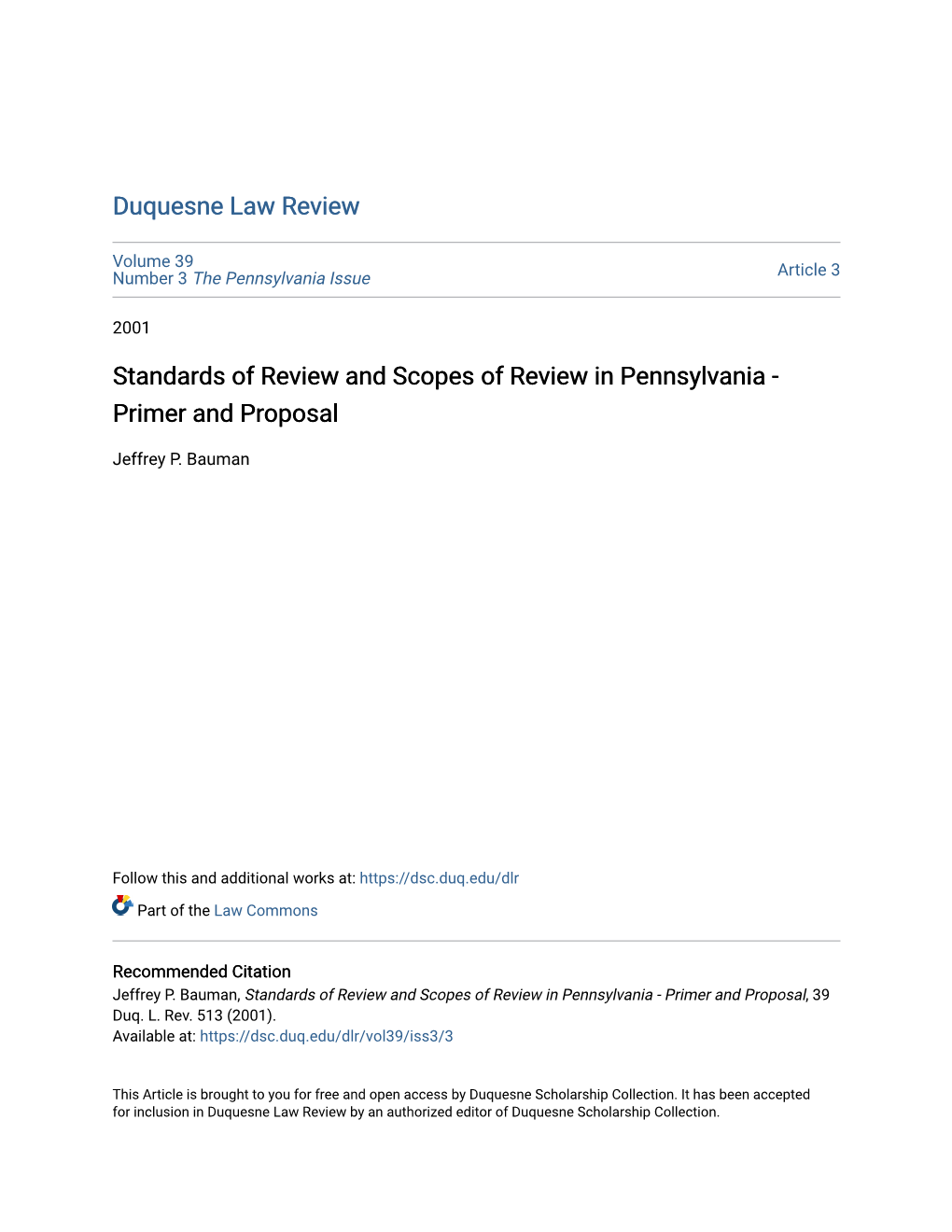 Standards of Review and Scopes of Review in Pennsylvania - Primer and Proposal