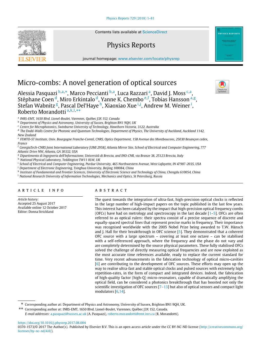 Physics Reports Micro-Combs: a Novel Generation of Optical Sources