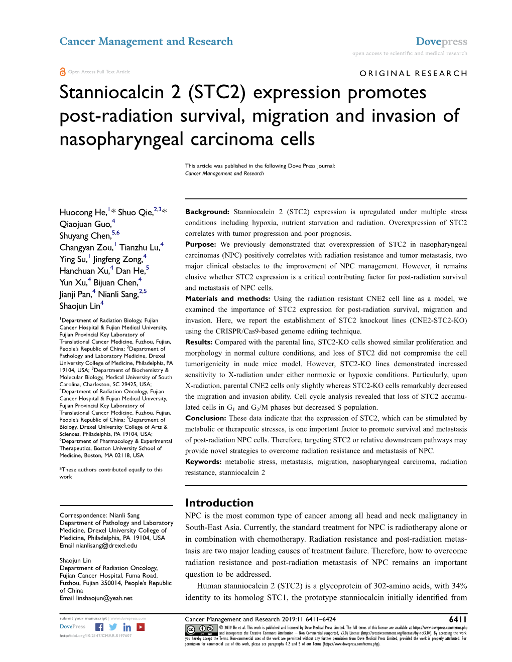 Stanniocalcin 2 (STC2) Expression Promotes Post-Radiation Survival, Migration and Invasion of Nasopharyngeal Carcinoma Cells