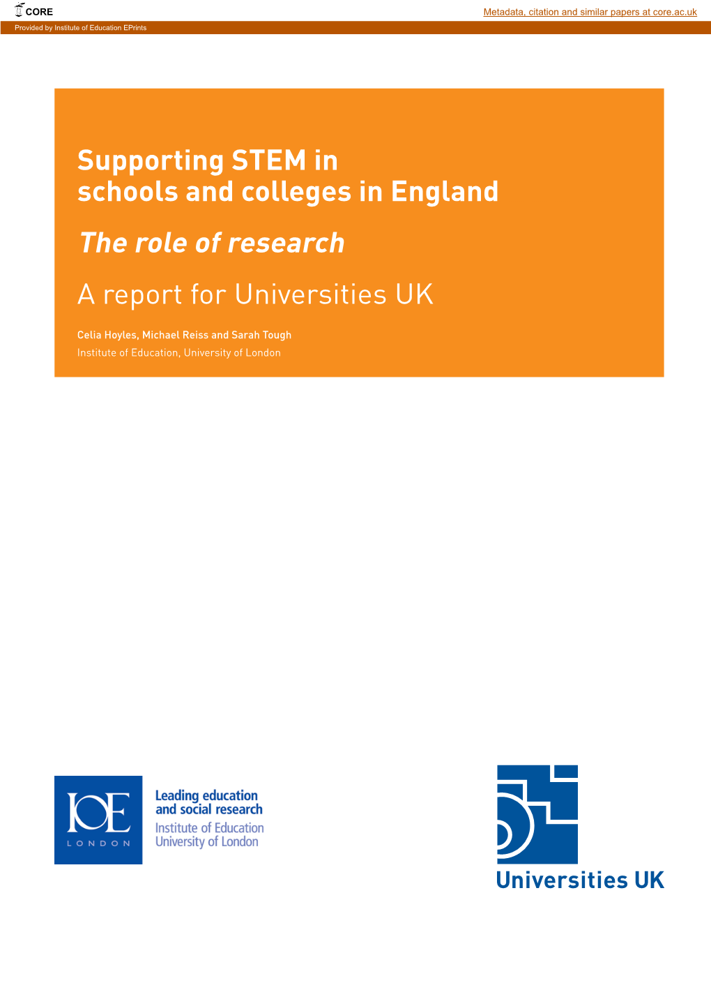 Supporting STEM in Schools and Colleges in England the Role of Research a Report for Universities UK