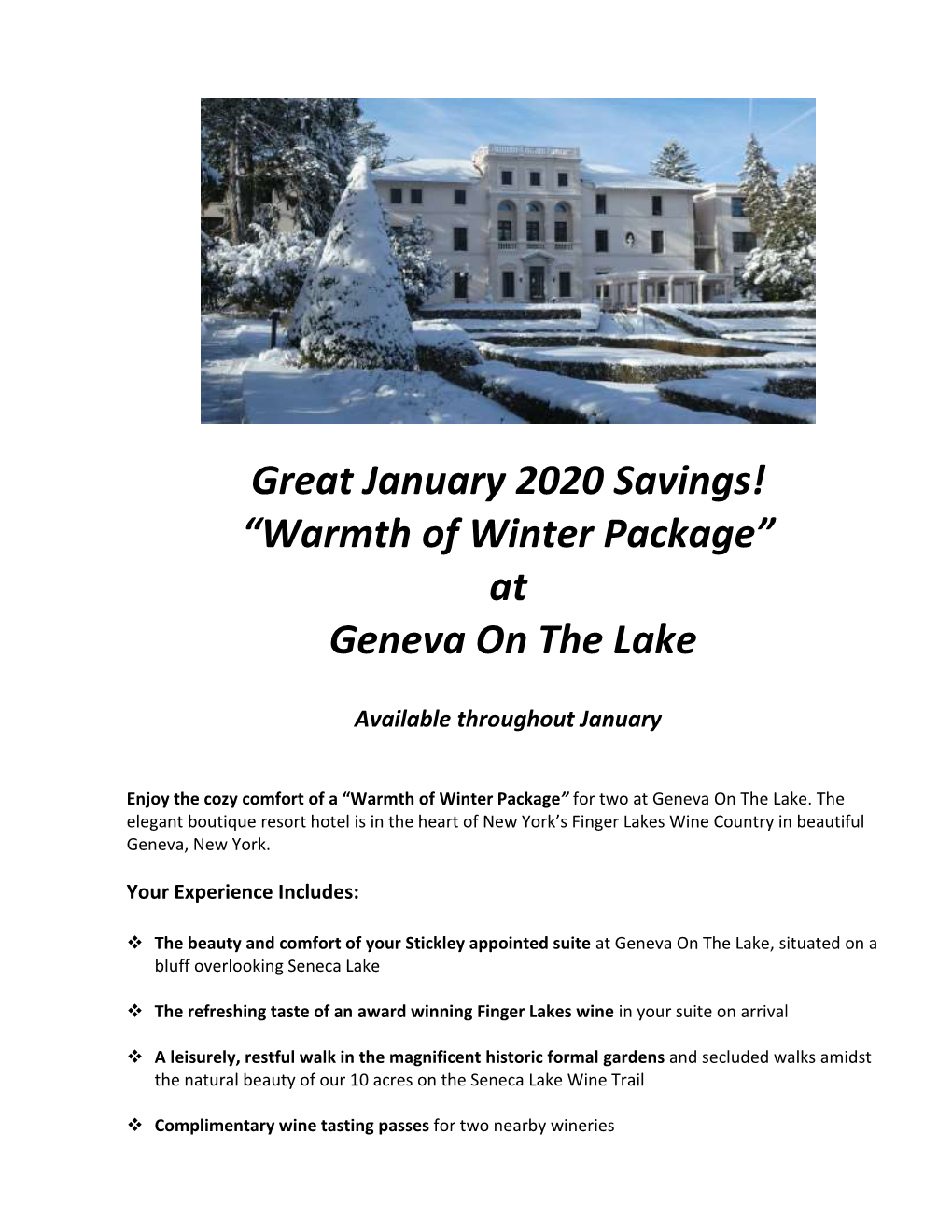 Great January 2020 Savings! “Warmth of Winter Package” at Geneva on the Lake