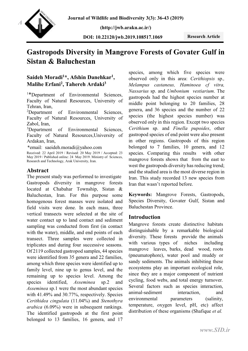 Gastropods Diversity in Mangrove Forests of Govater Gulf in Sistan & Baluchestan