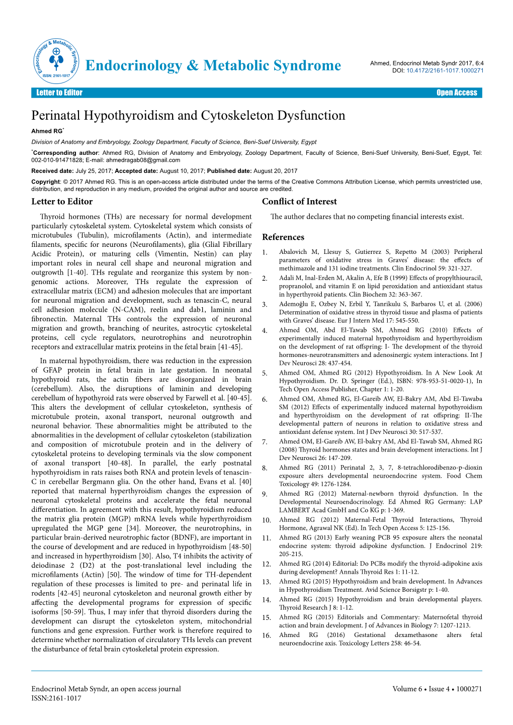 Perinatal Hypothyroidism and Cytoskeleton Dysfunction