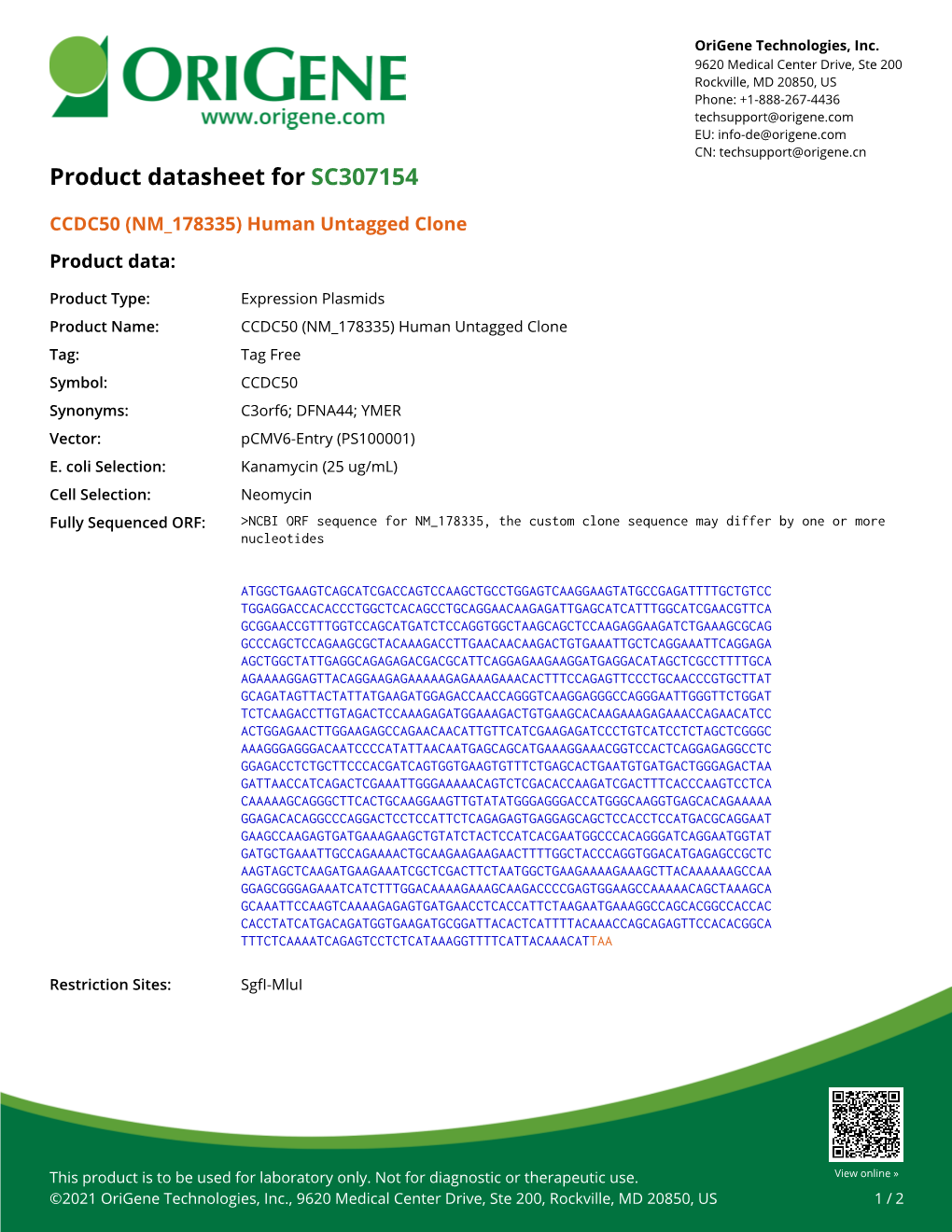 CCDC50 (NM 178335) Human Untagged Clone Product Data