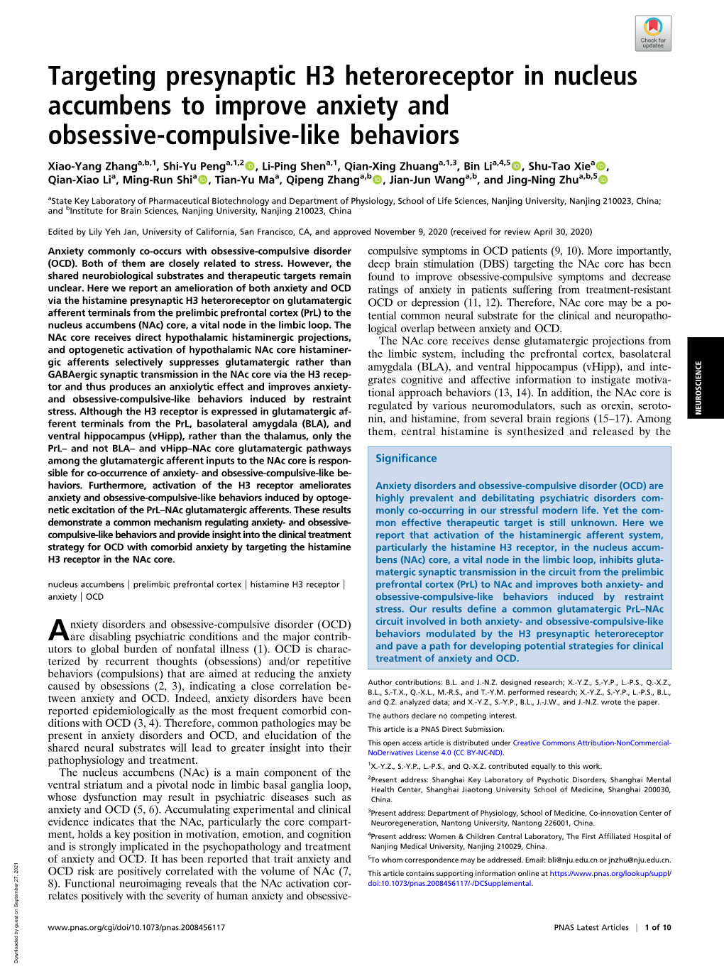 Targeting Presynaptic H3 Heteroreceptor in Nucleus Accumbens to Improve Anxiety and Obsessive-Compulsive-Like Behaviors