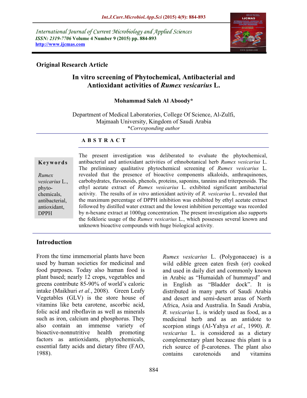 In Vitro Screening of Phytochemical, Antibacterial and Antioxidant Activities of Rumex Vesicarius L