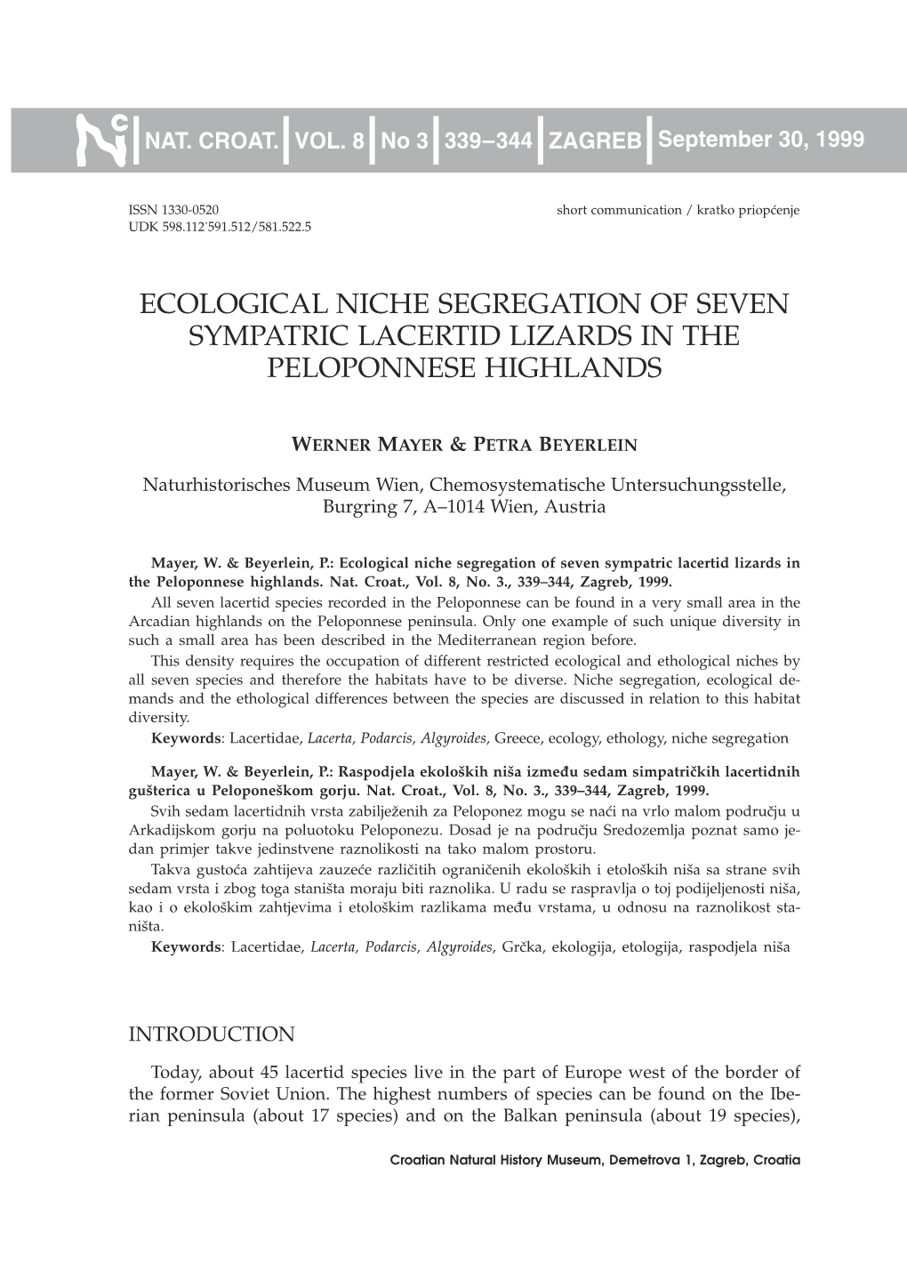 Ecological Niche Segregation of Seven Sympatric Lacertid Lizards in the Peloponnese Highlands