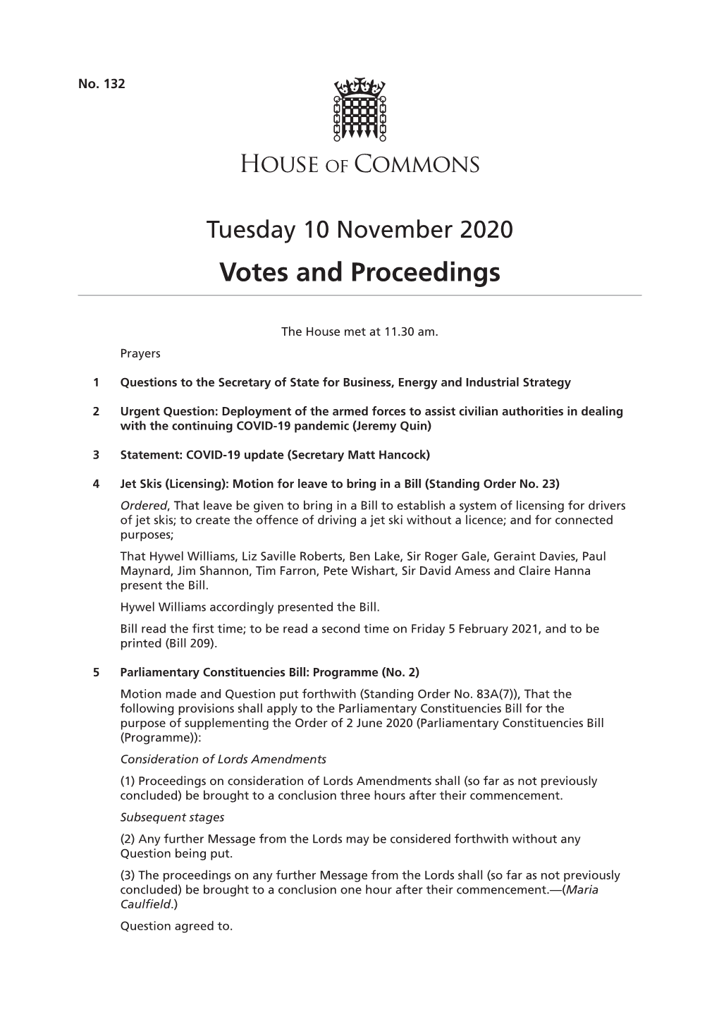 10 November 2020 Votes and Proceedings