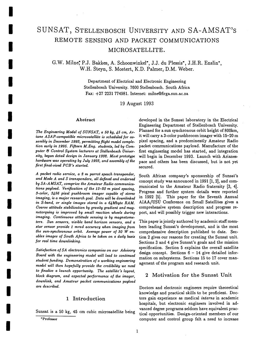 SUNSAT, Stellenbosch University and SA-AMSAT's Remote Sensing and Packet Communications Microsatellite